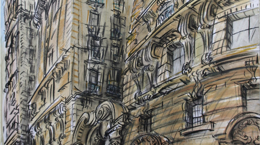 "Ansonia Afternoon," china marker w/mixed media on paper, 24"X 18" 2011