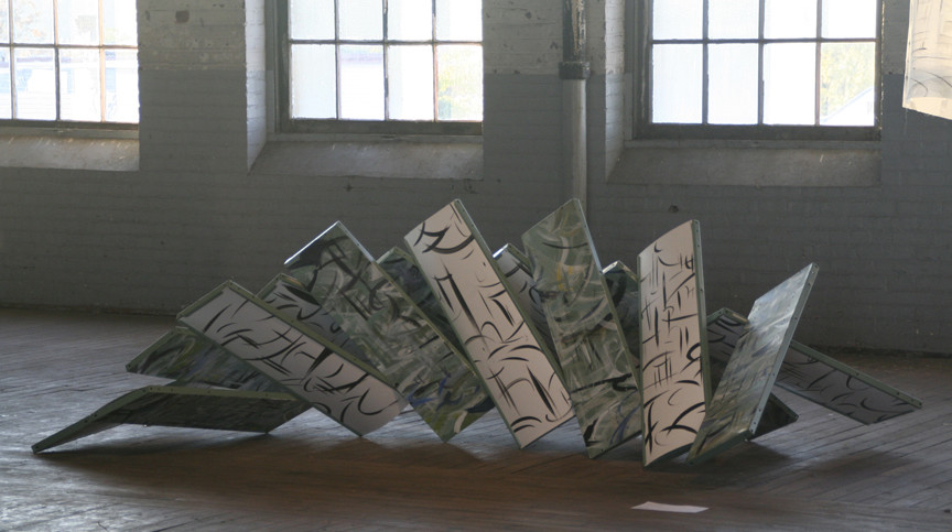 "Chimera,"  oil on found metal shelving and Styrene with hardware, dims variable, approx 50"X 108"X 60"  2010