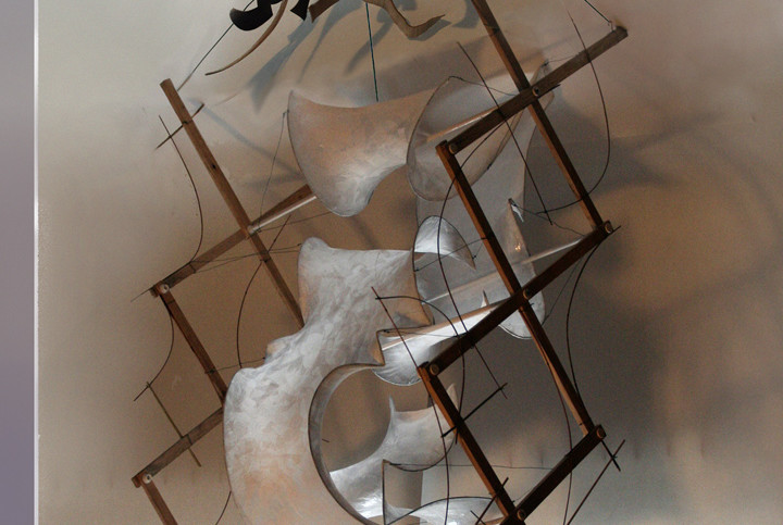 "Nun's Linens,"  tissue and matte medium on shrink wrap w/wire, tape, hardware, found objects, approx 55"X 24"X 15"  2009